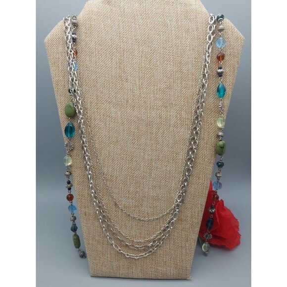 Premier Designs Silver Tone Necklace Multi Strand Chains Colorful Beads 36" - Picture 3 of 11